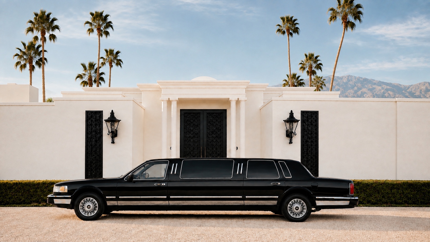 The black Desert Limo Lincoln Town Car, centered outside a white desert villa beneath palms and mountains